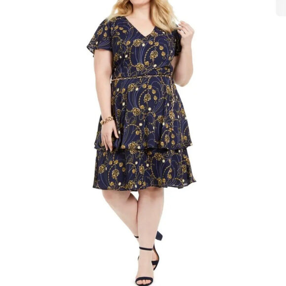 Teeze Me Dresses & Skirts - Women’s Dress Short Sleeve Belt Teeze Me Navy Gold Tiered Fit Flare